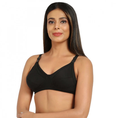 Generic Women's Cotton Blend Mother Care Full Coverage Feeding Bra Non Padded (Black)