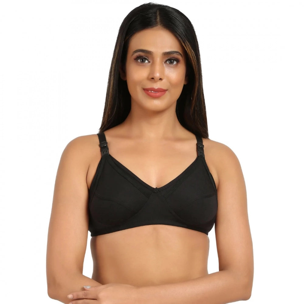 Generic Women's Cotton Blend Mother Care Full Coverage Feeding Bra Non Padded (Black)