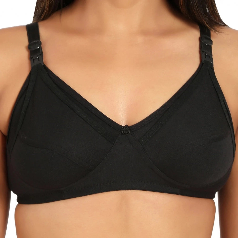 Generic Women's Cotton Blend Mother Care Full Coverage Feeding Bra Non Padded (Black)