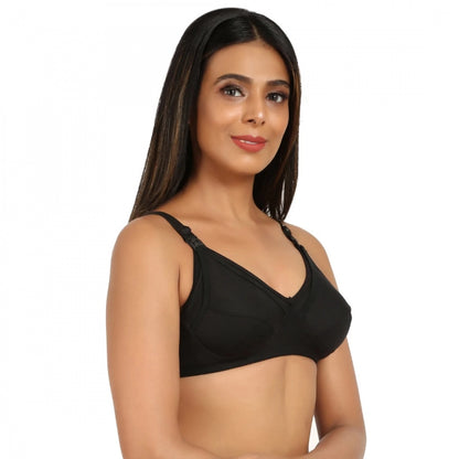 Generic Women's Cotton Blend Mother Care Full Coverage Feeding Bra Non Padded (Black)