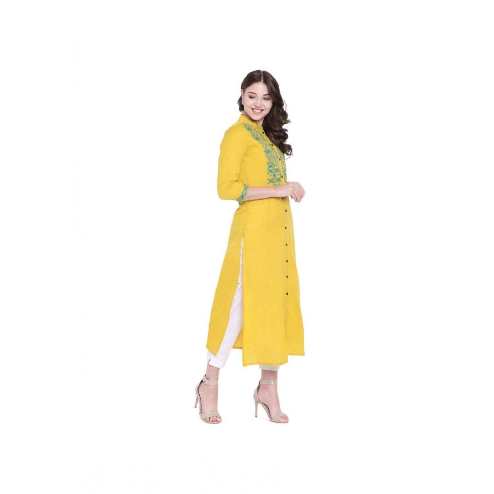 Generic Women's Khadi Embroidered Kurti (Yellow, Khadi)