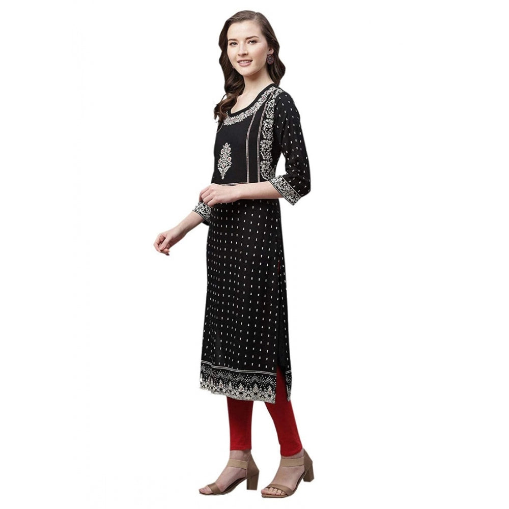 Generic Women's Rayon Printed Straight Kurti (Black, Rayon)