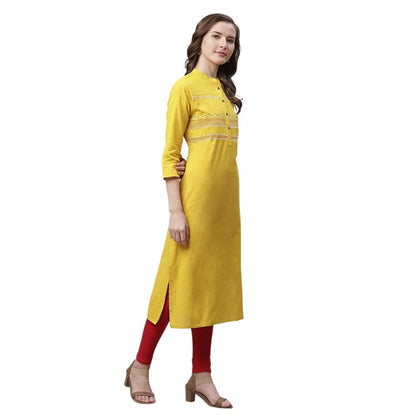 Generic Women's Pure Cotton Printed Straight Kurti (Yellow, Pure Cotton)