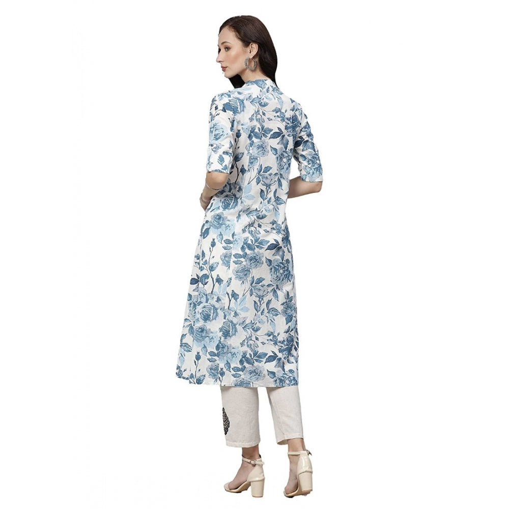 Generic Women's Cotton Printed Floral Print Kurti (White, Blue, Cotton)