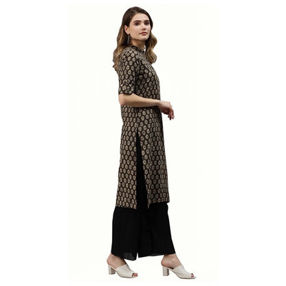 Generic Women's Cotton Printed Straight Kurti (Black, Cotton)