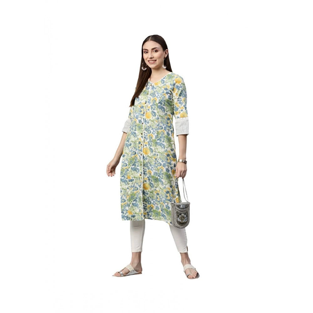 Generic Women's Cotton Printed  Straight Kurti (White, Green, Cotton)