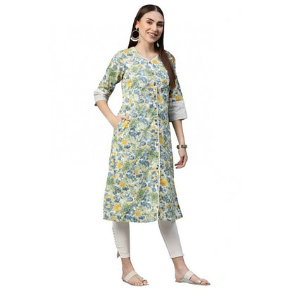 Generic Women's Cotton Printed  Straight Kurti (White, Green, Cotton)