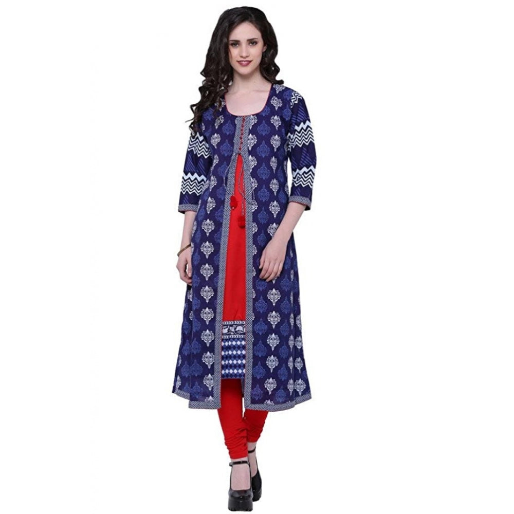 Generic Women's Cotton Printed Long Kurti (Blue, Red, Cotton)