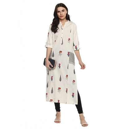 Generic Women's Khadi Printed A Line Kurti (Off White, Khadi)