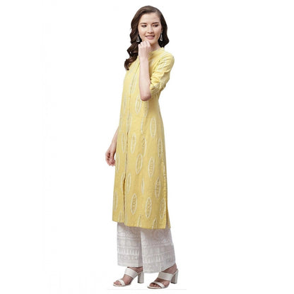 Generic Women's Pure Cotton Printed A Line Kurti (Yellow, Pure Cotton)