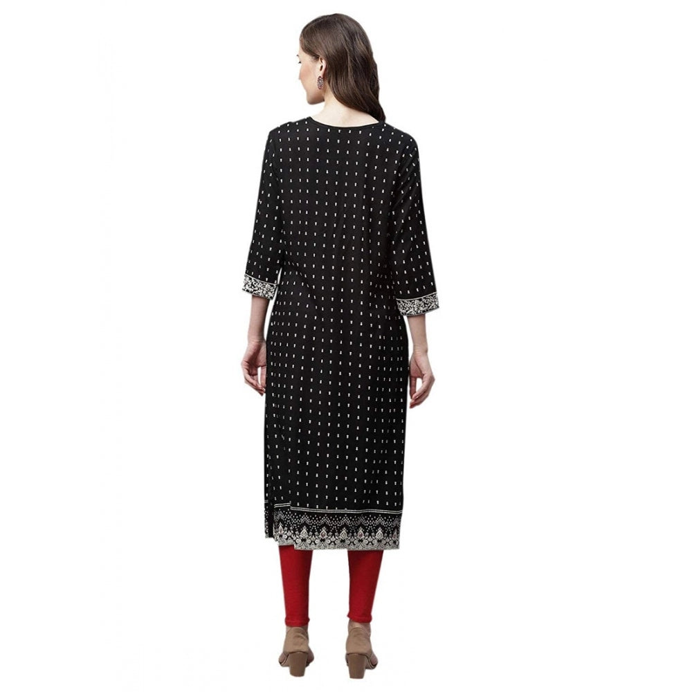 Generic Women's Rayon Printed Straight Kurti (Black, Rayon)