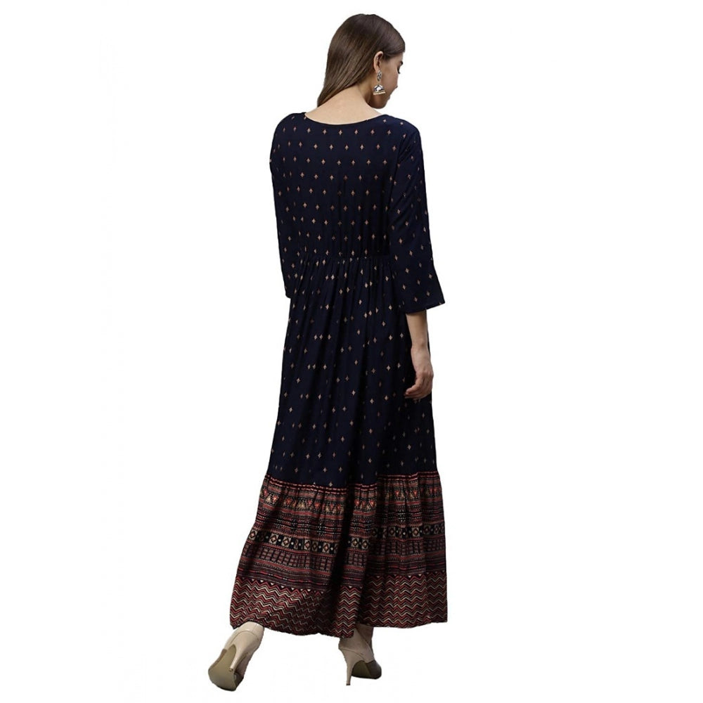 Generic Women's Rayon Printed Viscose Regular Kurti (Navy Blue, Rayon)