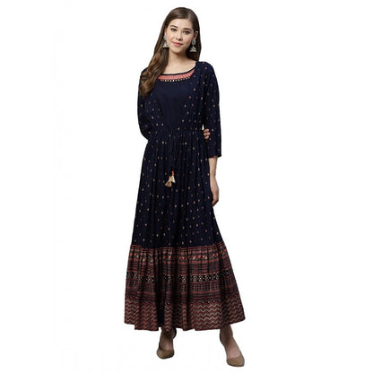 Generic Women's Rayon Printed Viscose Regular Kurti (Navy Blue, Rayon)