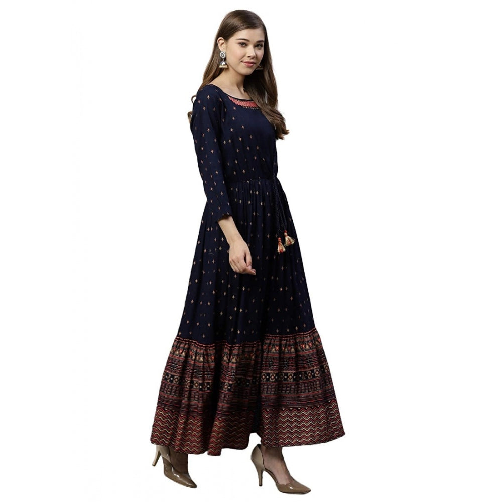 Generic Women's Rayon Printed Viscose Regular Kurti (Navy Blue, Rayon)