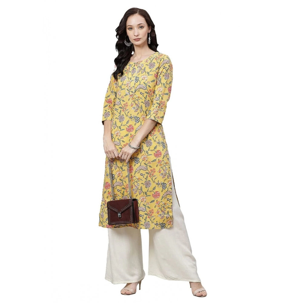 Generic Women's Cotton Printed Straight Kurti (Yellow, Cotton)