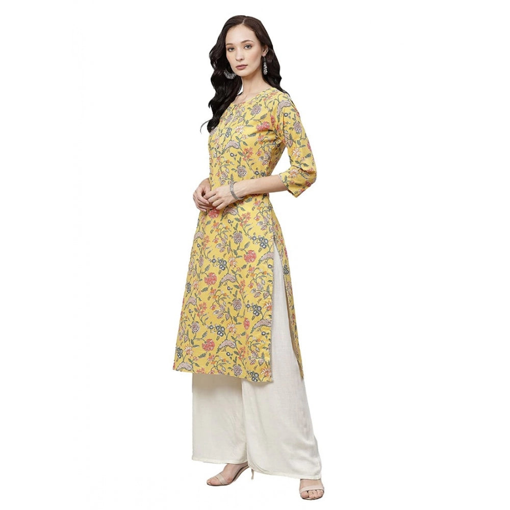 Generic Women's Cotton Printed Straight Kurti (Yellow, Cotton)