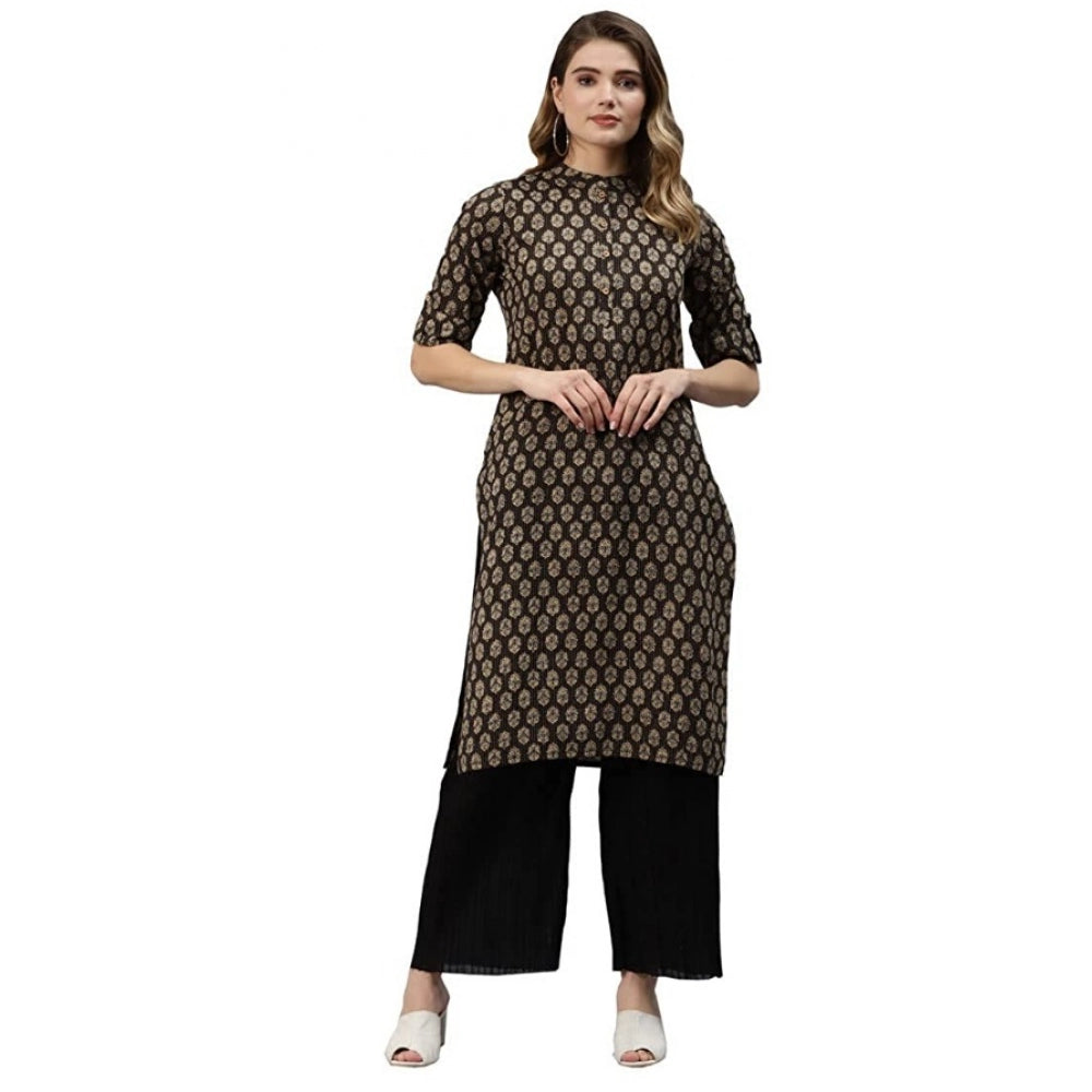 Generic Women's Cotton Printed Straight Kurti (Black, Cotton)