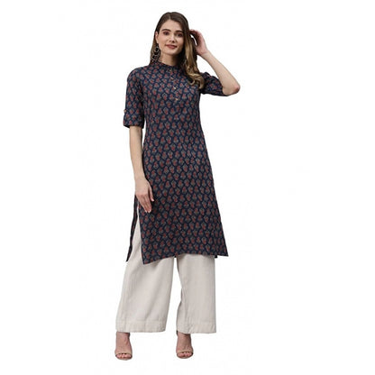 Generic Women's Cotton Printed Straight Kurti (Navy Blue, Cotton)