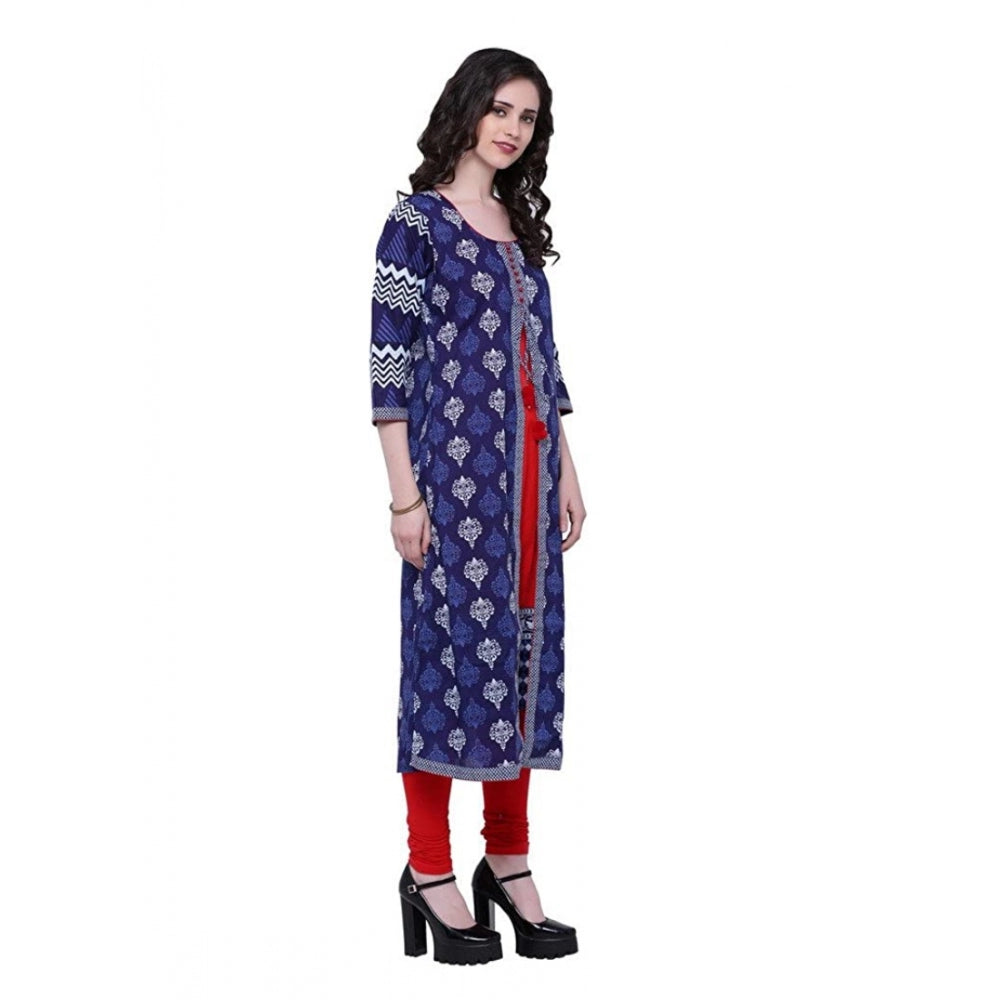 Generic Women's Cotton Printed Long Kurti (Blue, Red, Cotton)