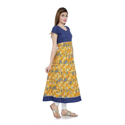 Generic Women's Cotton Printed Long Kurti (Mustard, Blue, Cotton)