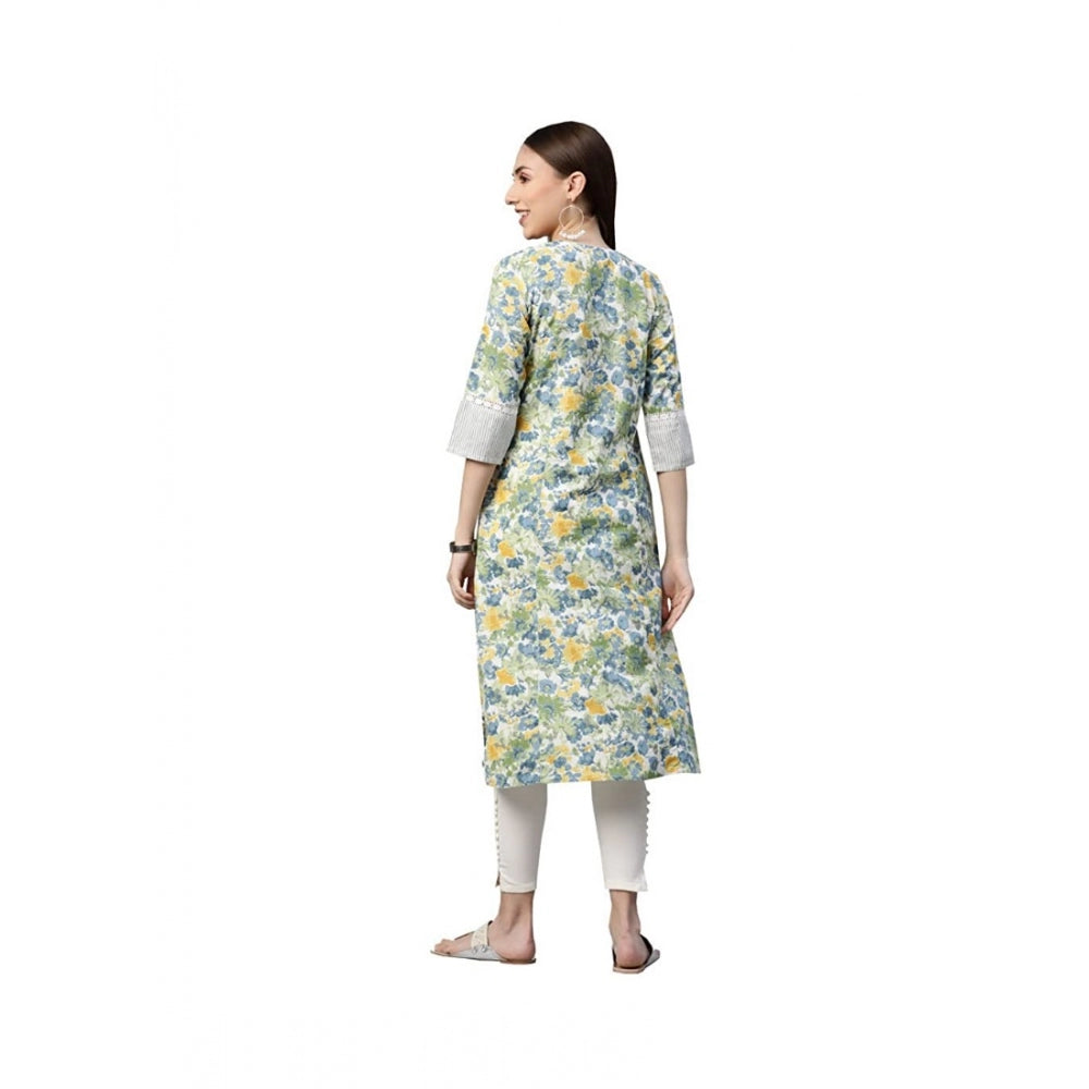 Generic Women's Cotton Printed  Straight Kurti (White, Green, Cotton)