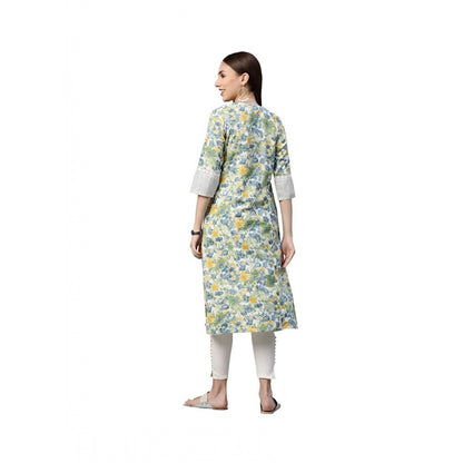 Generic Women's Cotton Printed  Straight Kurti (White, Green, Cotton)