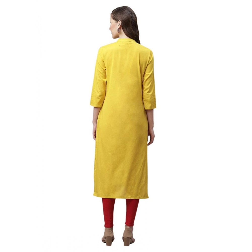 Generic Women's Pure Cotton Printed Straight Kurti (Yellow, Pure Cotton)