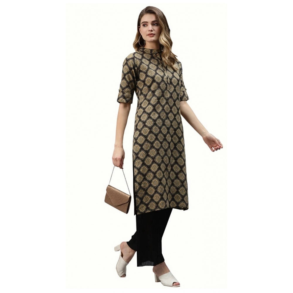 Generic Women's Cotton Printed Straight Fit Kurti (Black, Cotton)