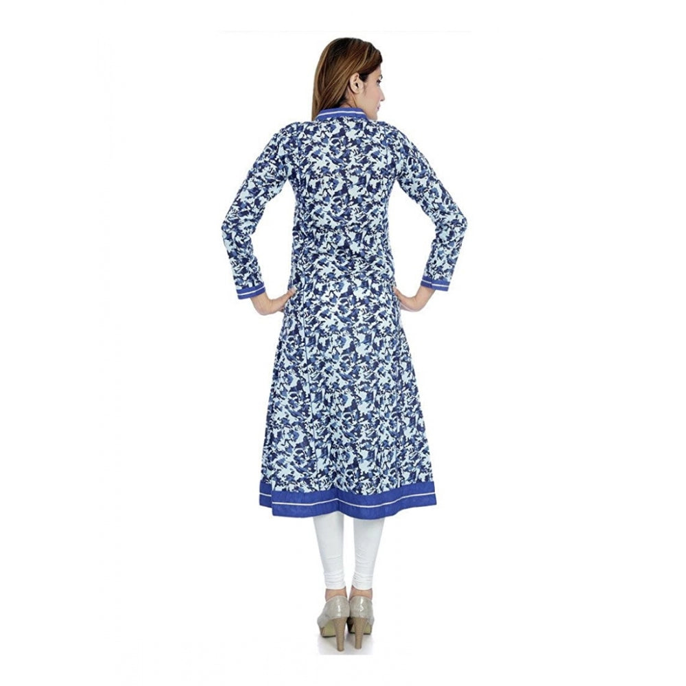 Generic Women's Cotton Printed Long Kurti (White, Blue, Cotton)