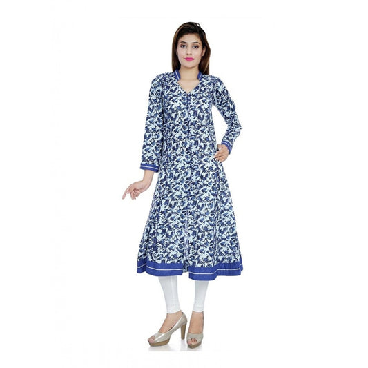 Generic Women's Cotton Printed Long Kurti (White, Blue, Cotton)