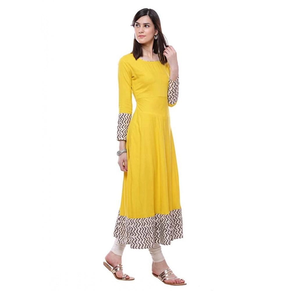 Generic Women's Rayon Printed Solid Anarkali Kurti (Yellow, Rayon)