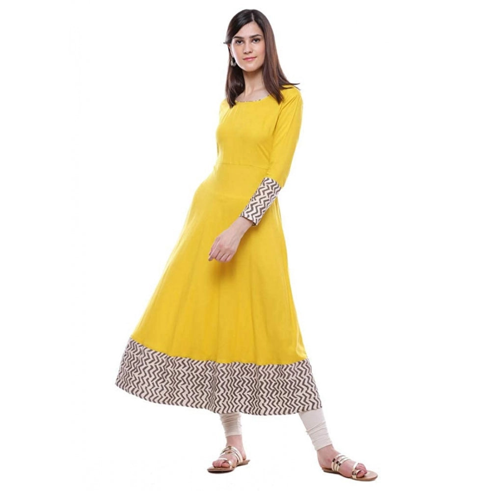 Generic Women's Rayon Printed Solid Anarkali Kurti (Yellow, Rayon)