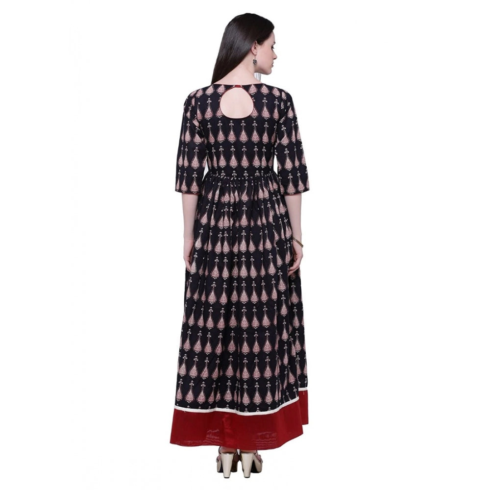 Generic Women's Cotton Printed Anarkali Kurti (Black, Cotton)