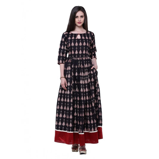 Generic Women's Cotton Printed Anarkali Kurti (Black, Cotton)