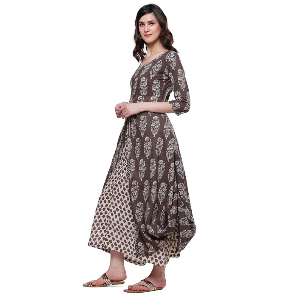 Generic Women's Cotton Printed Long Kurti (Brown, Cotton)