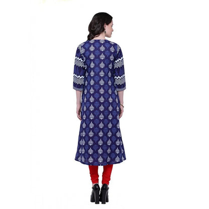 Generic Women's Cotton Printed Long Kurti (Blue, Red, Cotton)