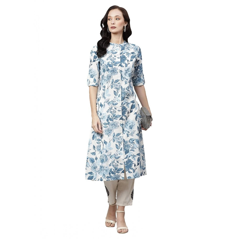 Generic Women's Cotton Printed Floral Print Kurti (White, Blue, Cotton)