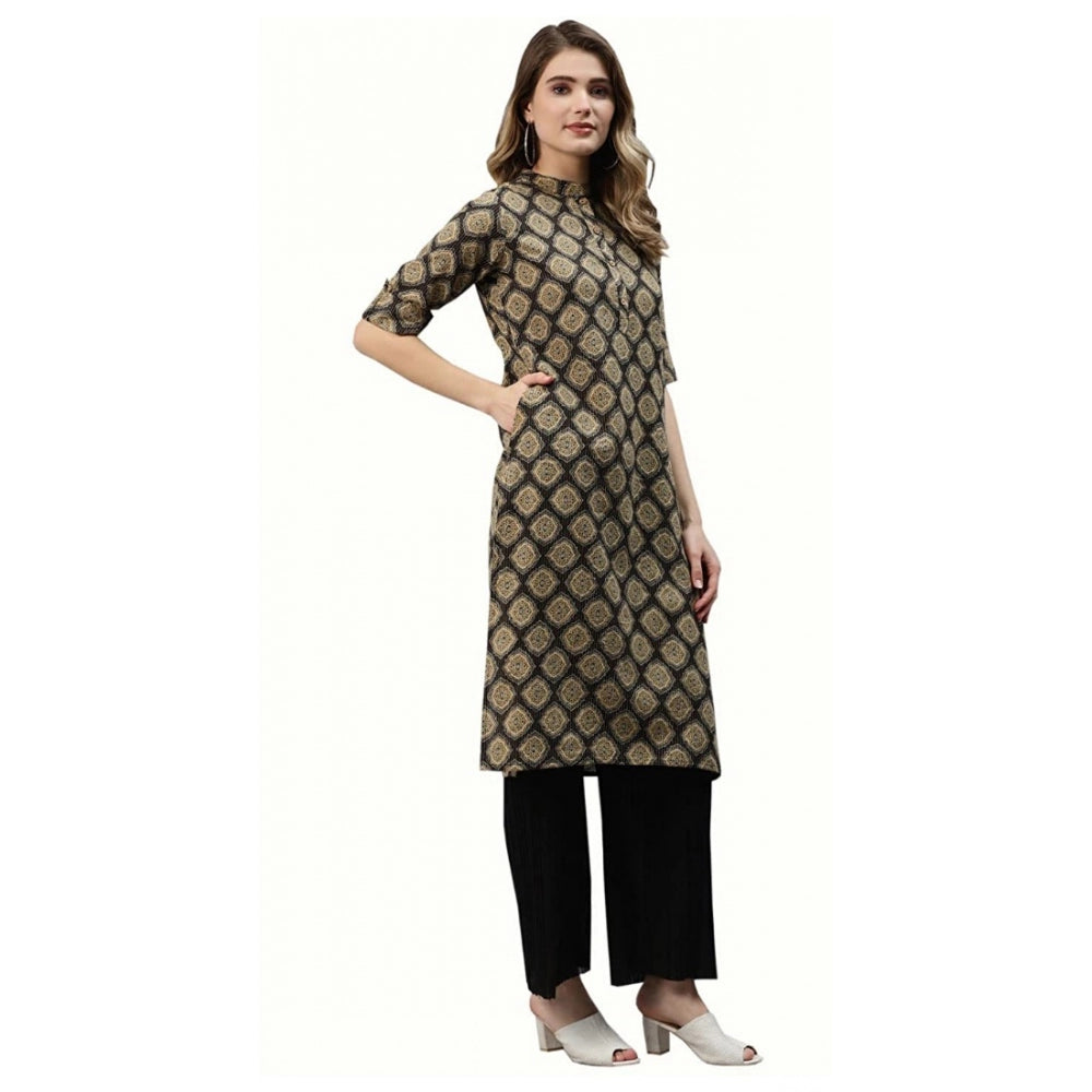 Generic Women's Cotton Printed Straight Fit Kurti (Black, Cotton)