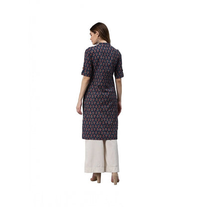 Generic Women's Cotton Printed Straight Kurti (Navy Blue, Cotton)