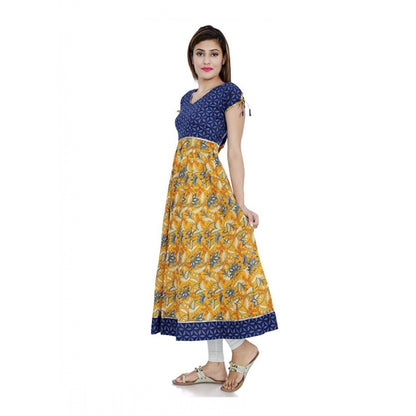 Generic Women's Cotton Printed Long Kurti (Mustard, Blue, Cotton)