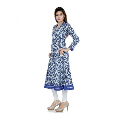 Generic Women's Cotton Printed Long Kurti (White, Blue, Cotton)