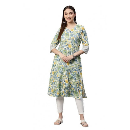 Generic Women's Cotton Printed  Straight Kurti (White, Green, Cotton)