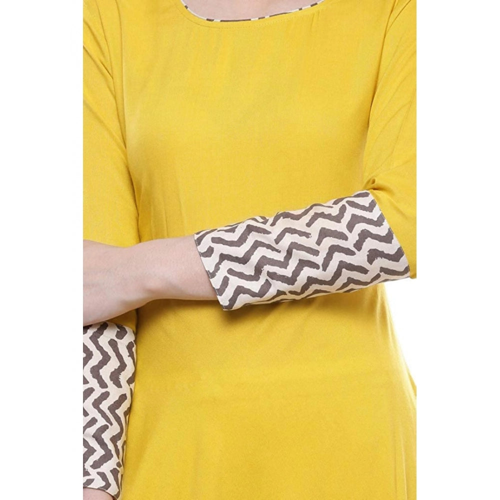 Generic Women's Rayon Printed Solid Anarkali Kurti (Yellow, Rayon)