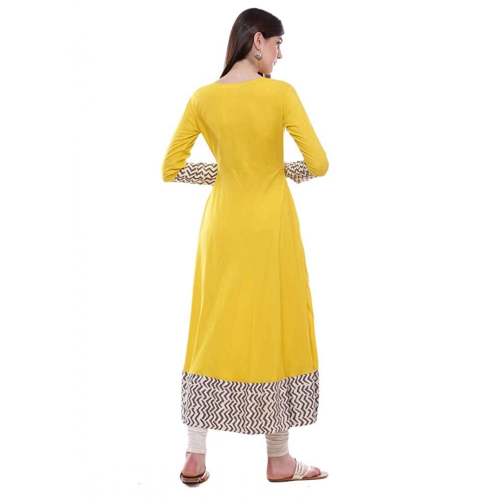 Generic Women's Rayon Printed Solid Anarkali Kurti (Yellow, Rayon)