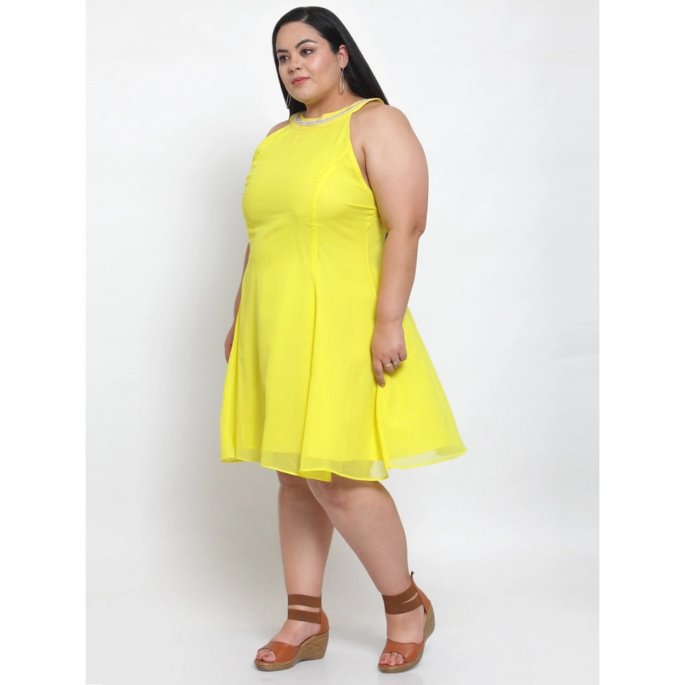 Generic Women's Georgette Solid Knee Length Fit and Flare Dress (Yellow)