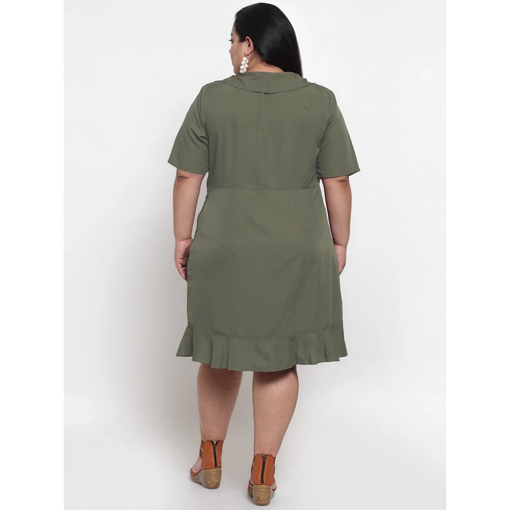 Generic Women's Crepe Solid Knee Length Fit and Flare Dress (Olive Green)