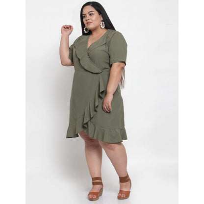 Generic Women's Crepe Solid Knee Length Fit and Flare Dress (Olive Green)