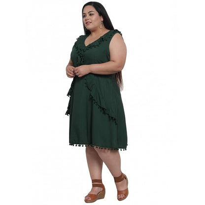 Generic Women's Crepe Solid Knee Length Fit and Flare Dress (Botal Green)