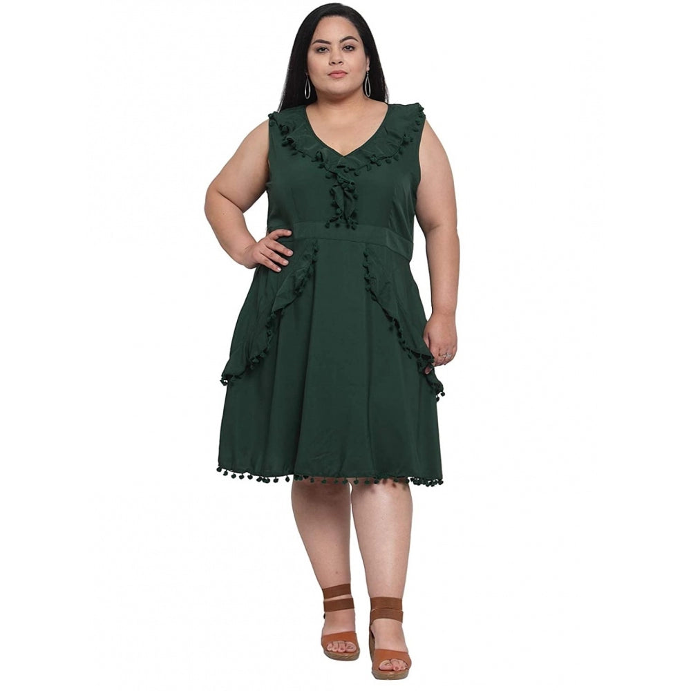 Generic Women's Crepe Solid Knee Length Fit and Flare Dress (Botal Green)