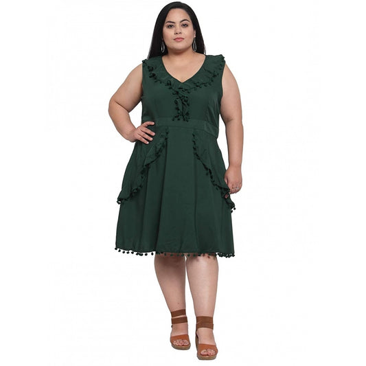 Generic Women's Crepe Solid Knee Length Fit and Flare Dress (Botal Green)